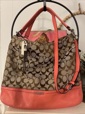 Coach Brown Signature Canvas Hobo with Coral Trim